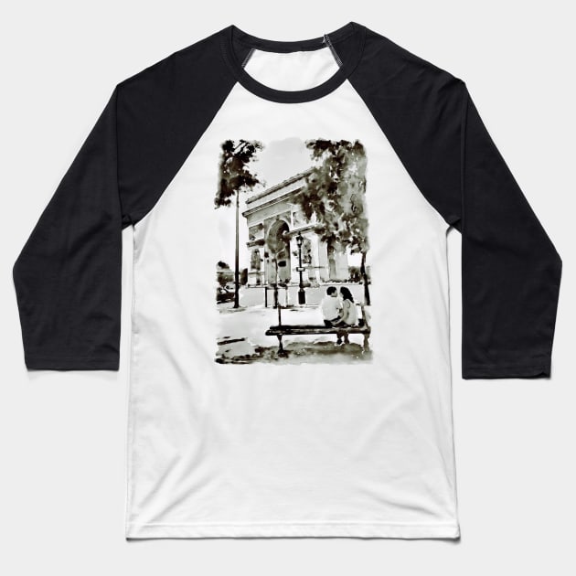 The Arc de Triomphe Paris Black and White Baseball T-Shirt by Marian Voicu